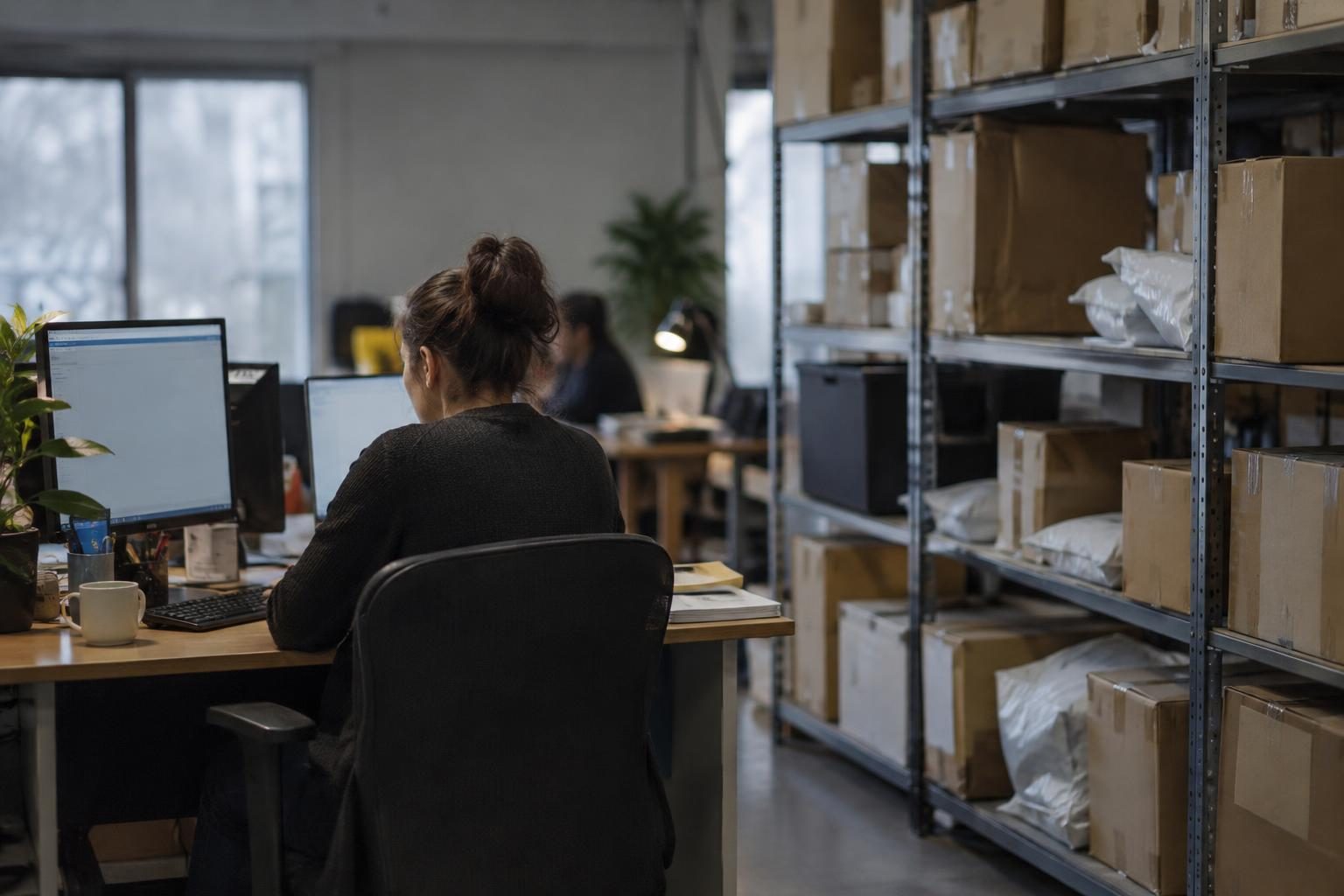 An online retailer’s back office with computer equipment beside shelves of plain shipping parcels.