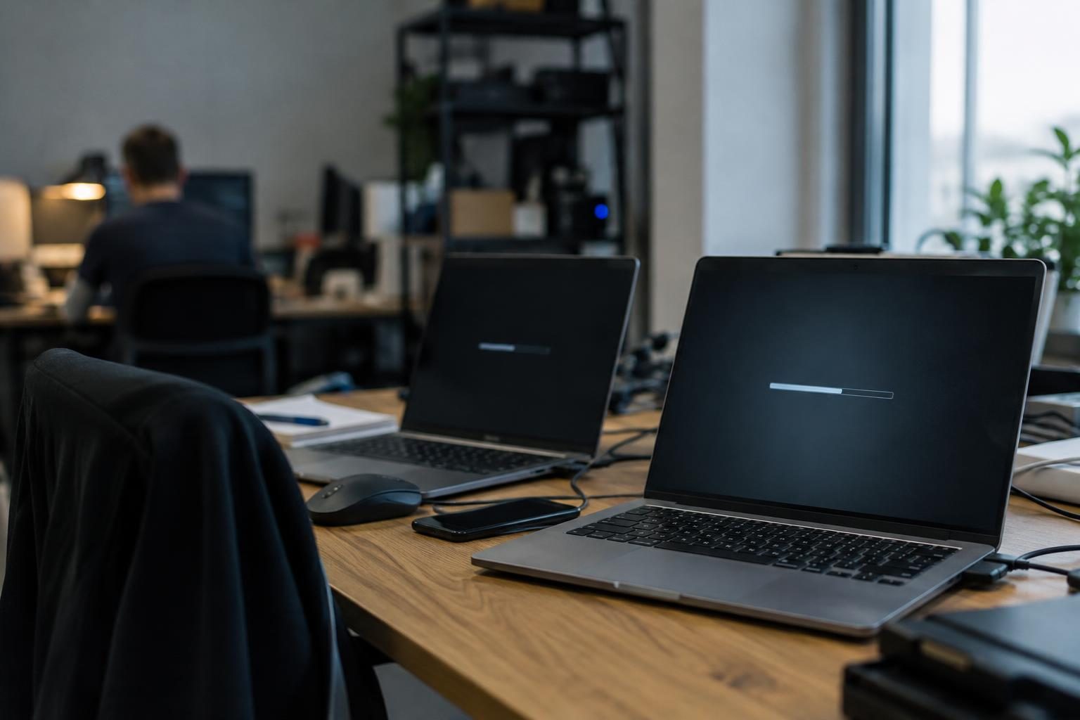 Unbranded laptops on an IT support desk during routine software maintenance.
