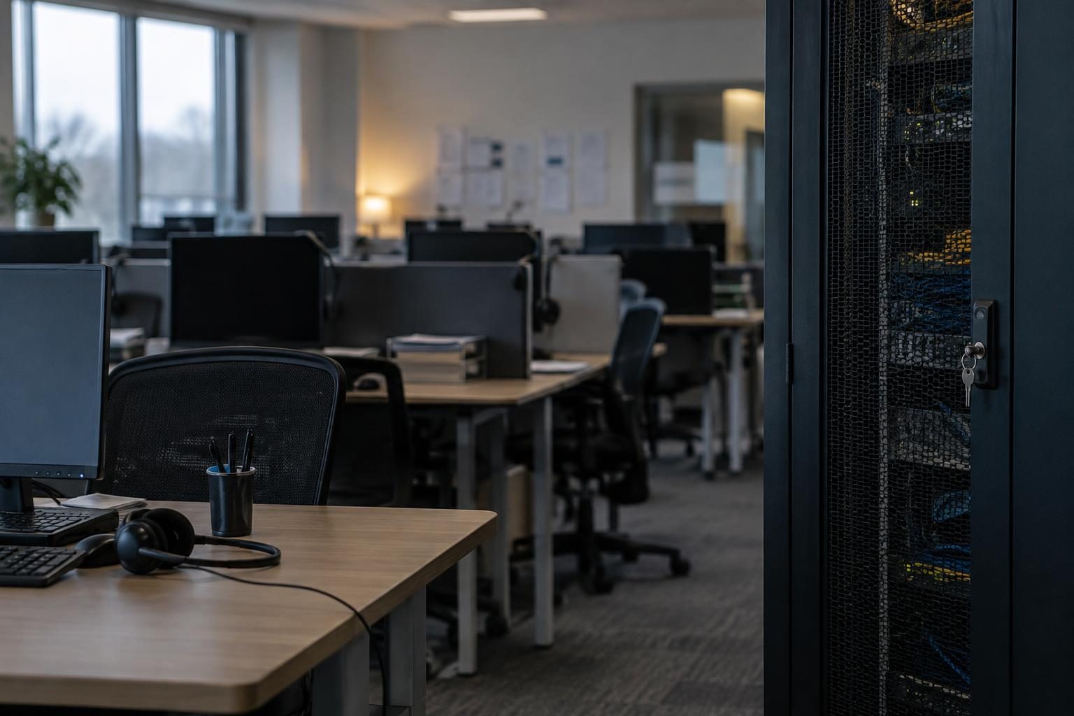 Empty customer service office with headsets, dark monitors and a locked network cabinet.