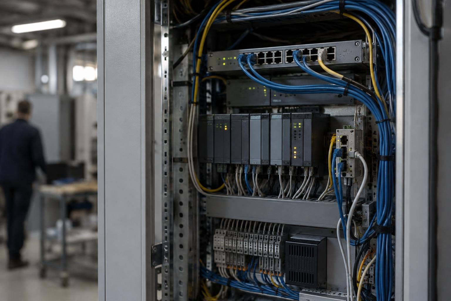 Industrial network cabinet containing connected control equipment and Ethernet cabling.