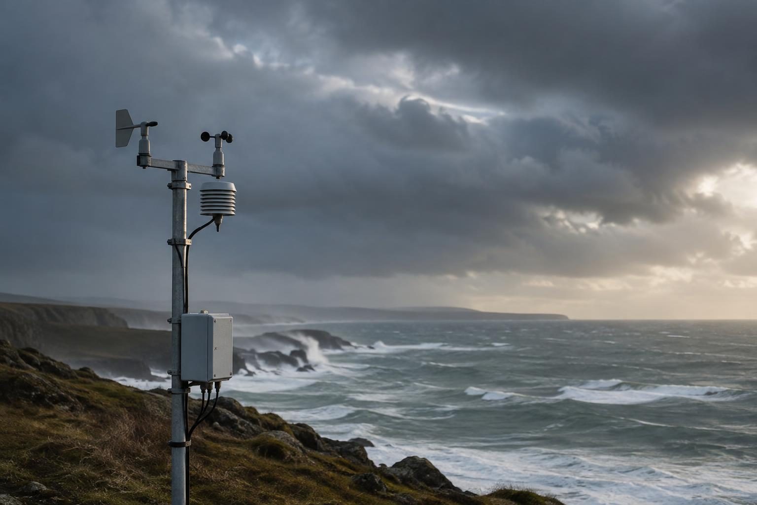Coastal weather monitoring equipment overlooking rough seas beneath storm clouds.