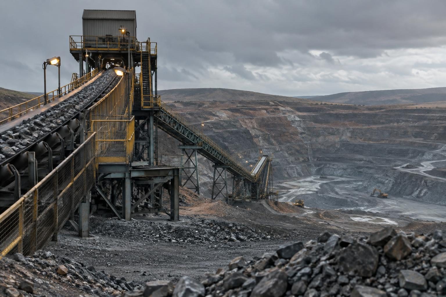 Conveyors and processing equipment beside an open-pit mine under an overcast sky.