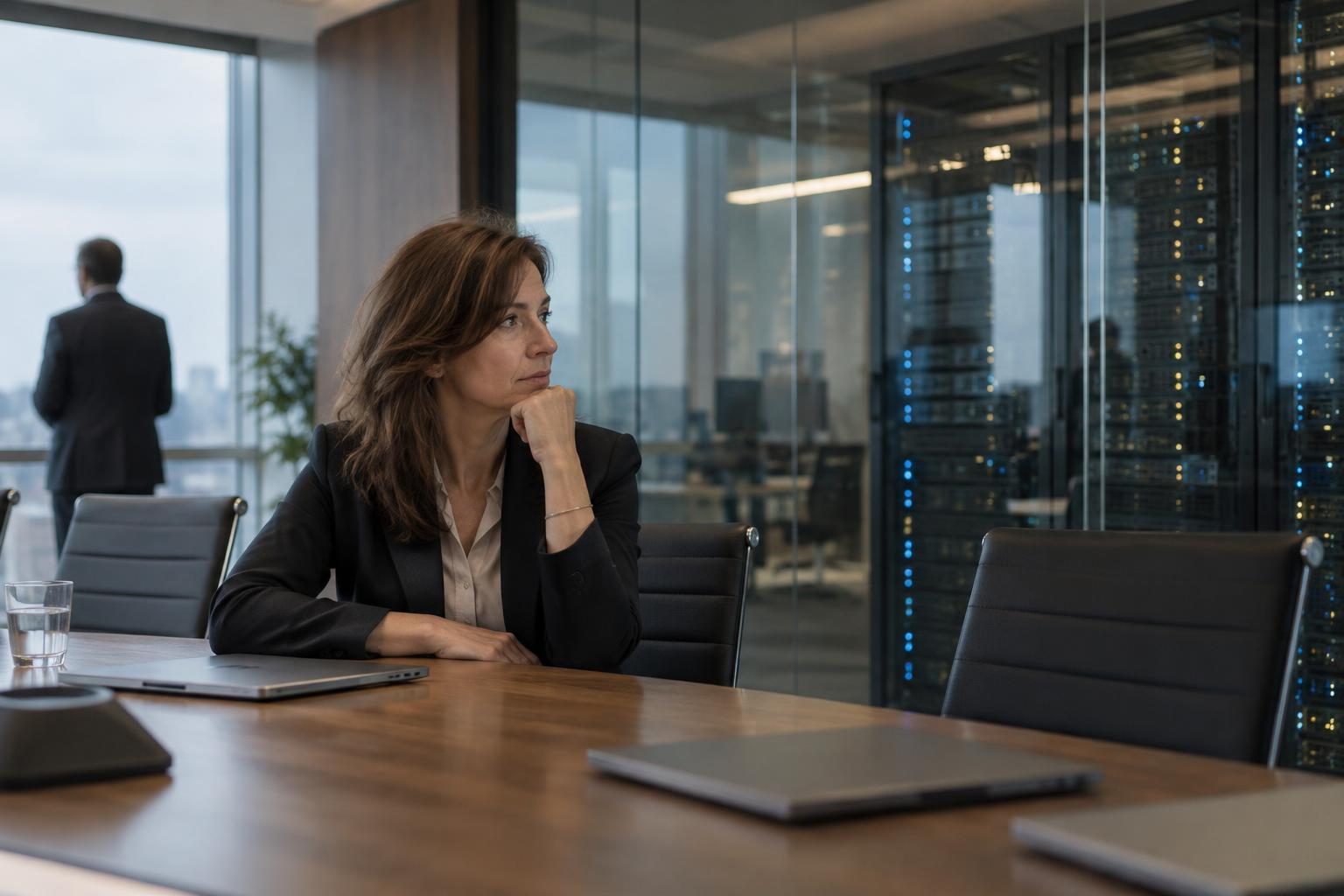 Corporate meeting room beside glass-walled server racks, with closed laptops on the table.