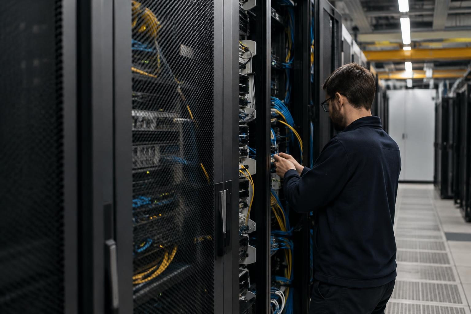 Technician inspecting server racks and network cabling inside a data centre.