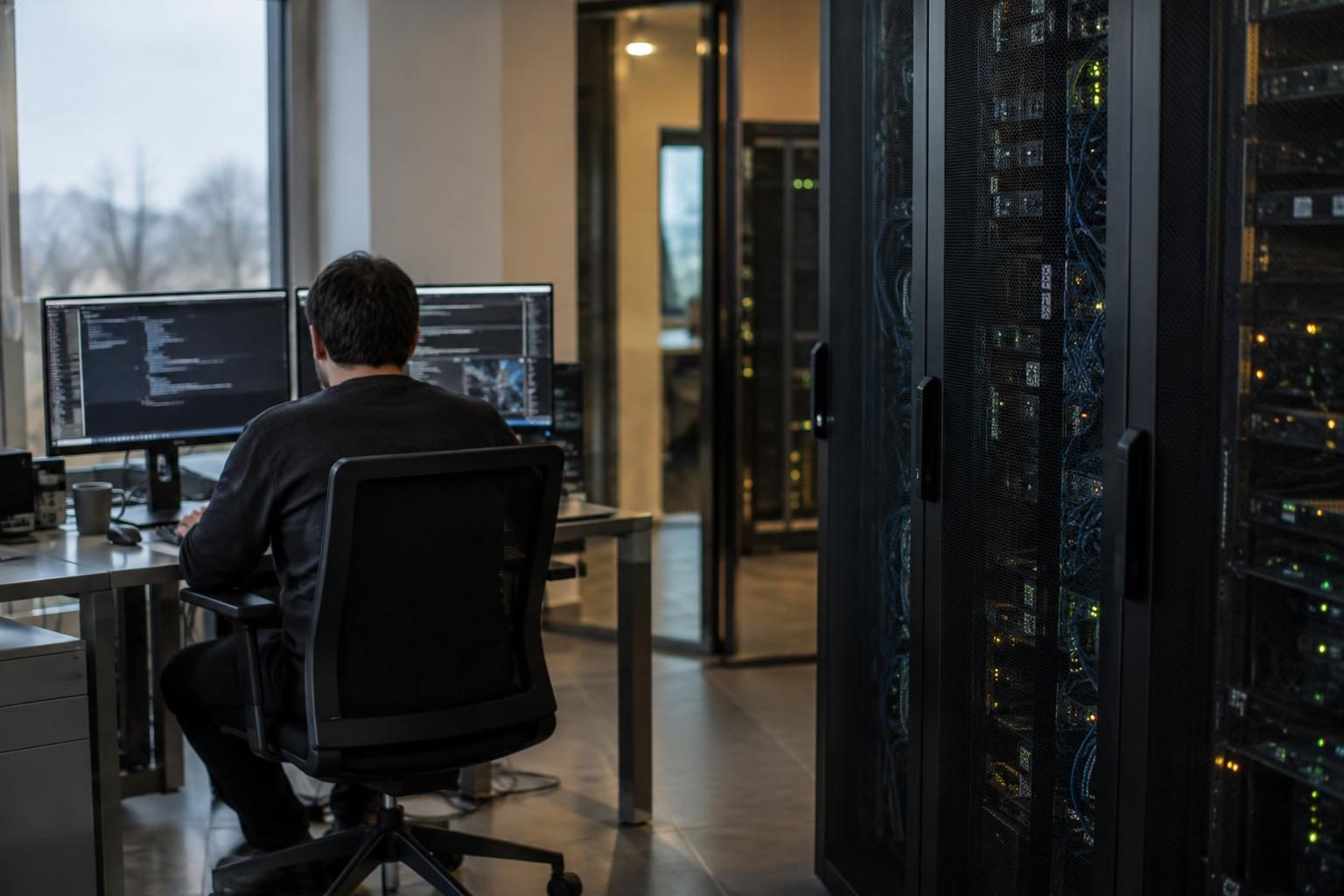 An anonymous IT worker at a workstation beside secured server cabinets.