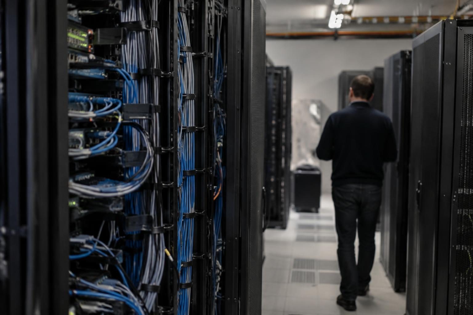 Server racks and network cables in a quiet office server room.